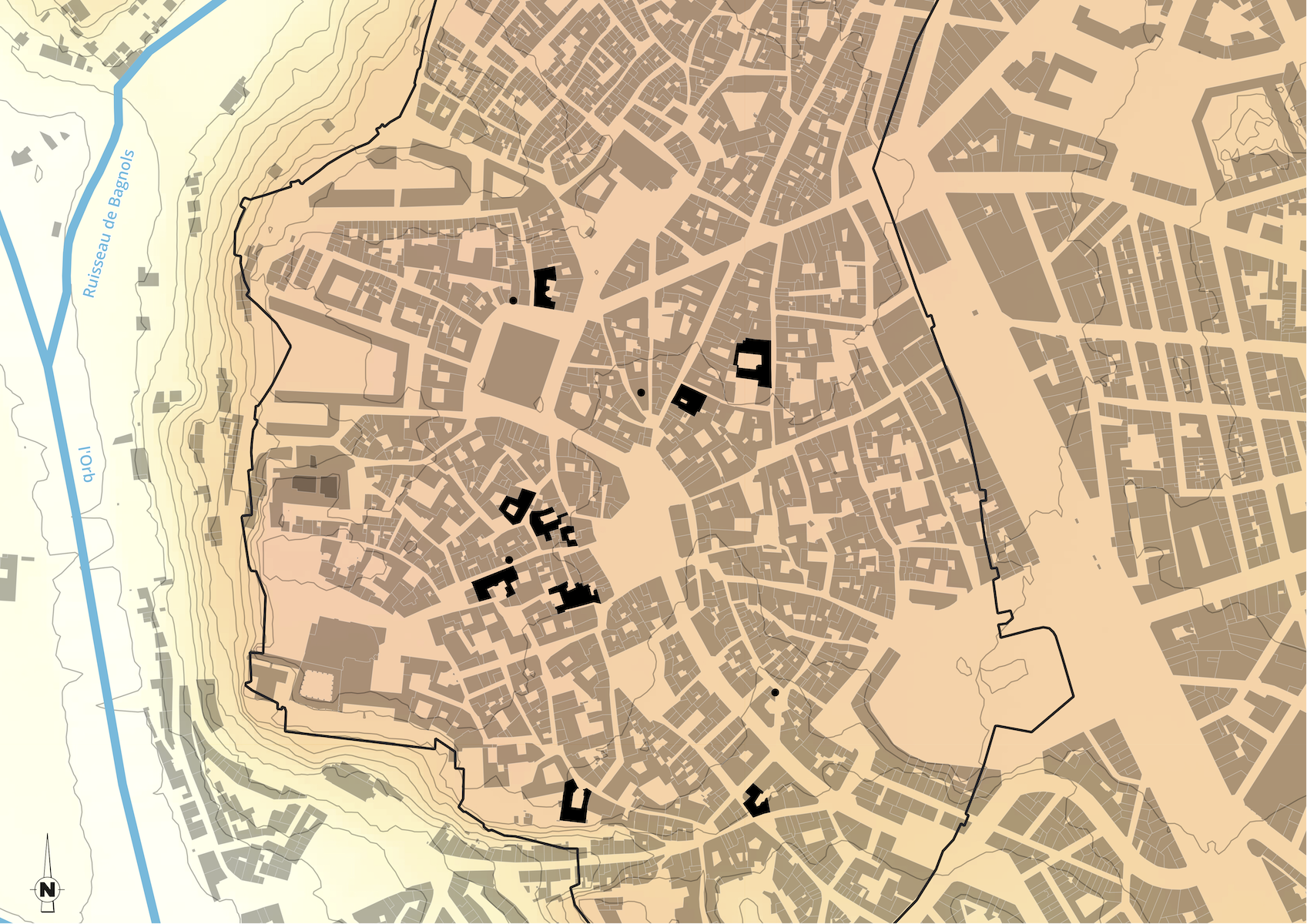 Plan de Béziers actuel avec hôtels médiévaux en noir